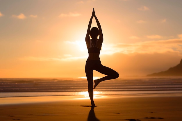 Portrait d'une personne pratiquant le yoga sur la plage au coucher du soleil
