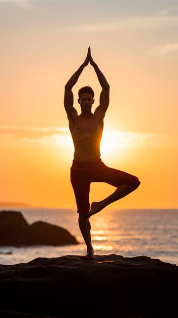 Portrait d'une personne pratiquant le yoga sur la plage au coucher du soleil