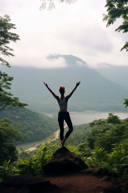 Portrait d'une personne pratiquant le yoga en plein air dans la nature