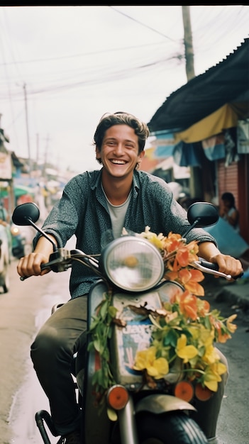 Photo gratuite portrait d'une personne souriante en faisant du vélo