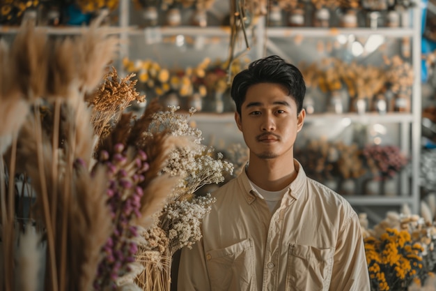 Portrait d'une personne travaillant dans un magasin de fleurs séchées