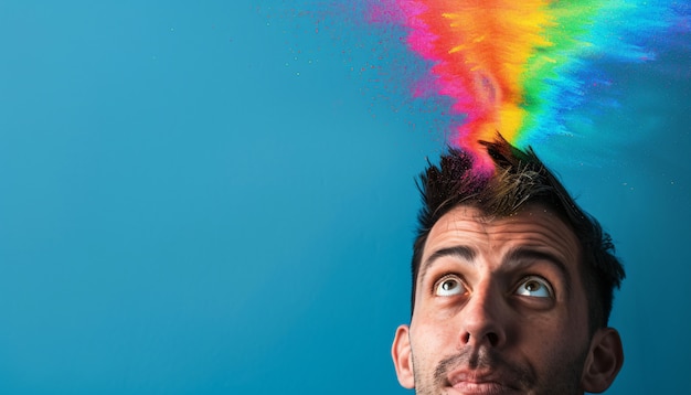 Photo gratuite portrait de personnes avec un arc-en-ciel coloré de leurs pensées et de leur cerveau sur un fond bleu