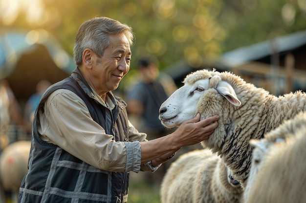 Photo gratuite portrait de personnes en charge d'une ferme de moutons