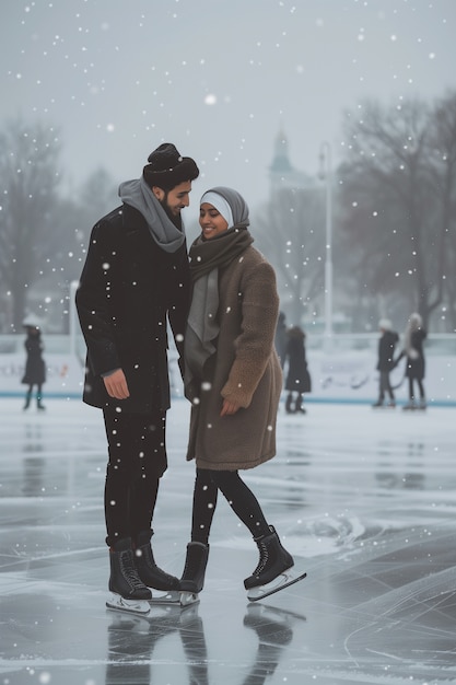 Photo gratuite portrait de personnes patinant sur glace en plein air pendant l'hiver