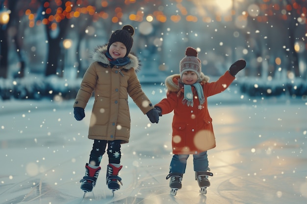 Photo gratuite portrait de personnes patinant sur glace en plein air pendant l'hiver