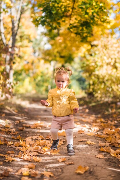 Portrait, petite fille, debout, forêt, sentier, automne