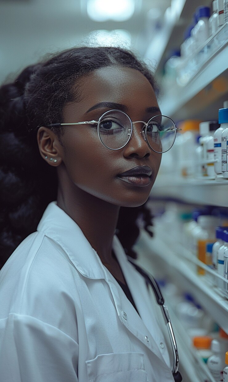 Photo gratuit portrait d'une pharmacienne travaillant dans la pharmacie