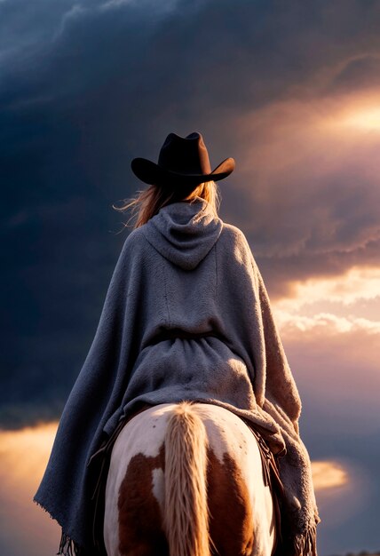 Portrait photoréaliste d'une cow-boy au coucher du soleil