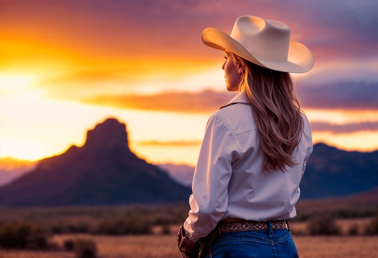 Photo gratuit portrait photoréaliste d'une cow-boy au coucher du soleil