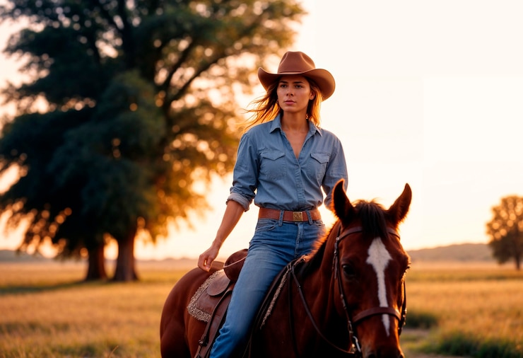 Photo gratuit portrait photoréaliste d'une cow-boy au coucher du soleil