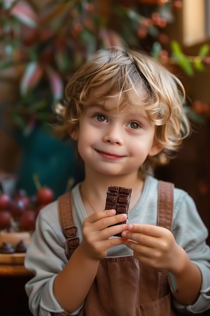 Photo gratuite portrait photoréaliste d'un enfant mangeant du chocolat savoureux et sucré