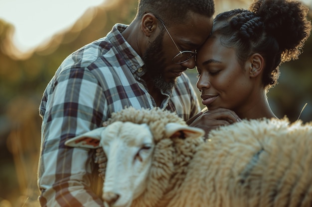 Portrait photoréaliste de personnes qui s'occupent des moutons à la ferme