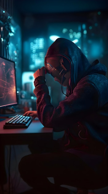 Portrait d'un pirate informatique au travail Concept de cybercrime