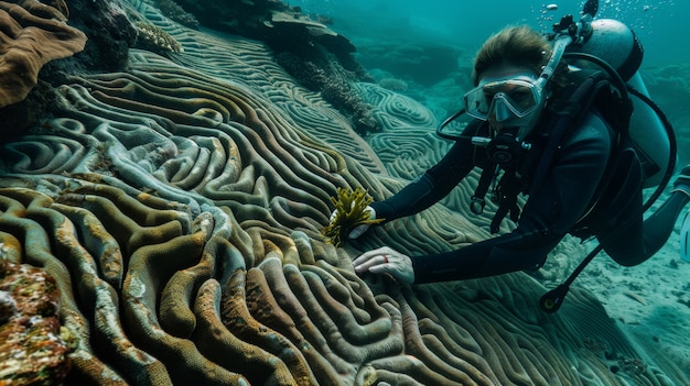 Photo gratuite portrait d'un plongeur sous-marin dans l'eau de mer avec la vie marine