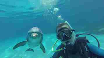 Photo gratuite portrait d'un plongeur sous-marin dans l'eau de mer avec la vie marine