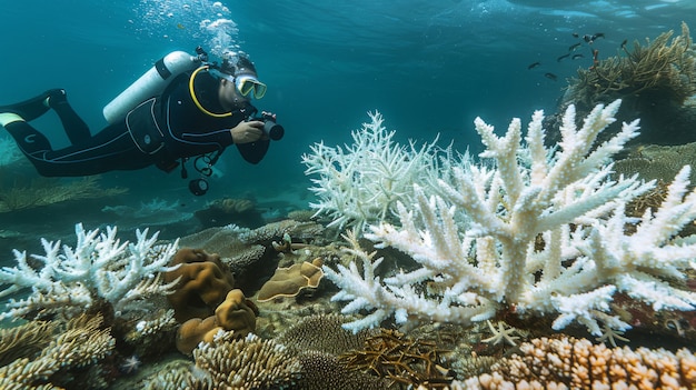 Photo gratuite portrait d'un plongeur sous-marin dans l'eau de mer avec la vie marine