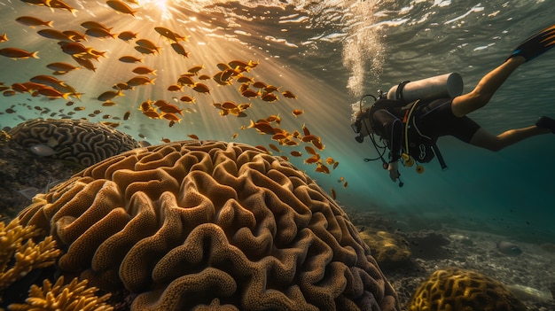 Photo gratuite portrait d'un plongeur sous-marin dans l'eau de mer avec la vie marine