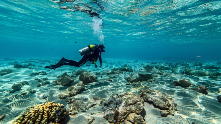 Photo gratuit portrait d'un plongeur sous-marin dans l'eau de mer avec la vie marine