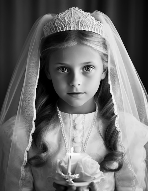 Photo gratuite portrait de la première communion d'une fille de taille moyenne