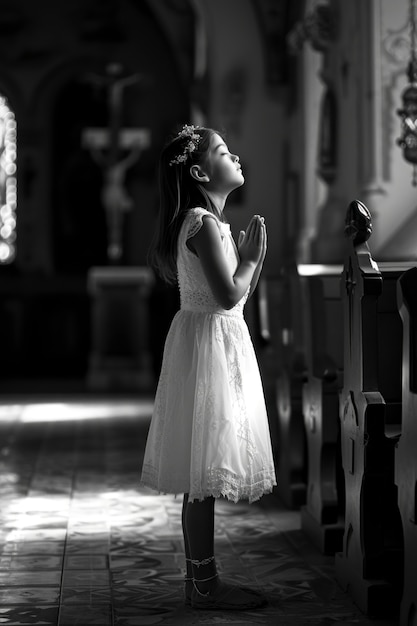 Photo gratuite portrait de la première communion de la fille en vue latérale