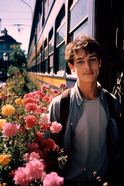 Portrait printanier d'un homme avec des fleurs en fleurs