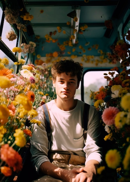 Portrait printanier d'un homme avec des fleurs en fleurs