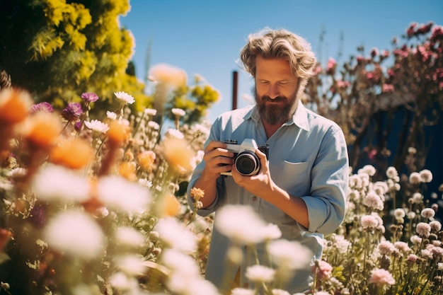 Photo gratuite portrait printanier d'un homme avec des fleurs en fleurs