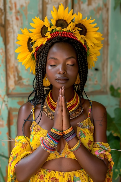 Photo gratuite portrait de la renaissance d'une femme en tant que déesse du soleil