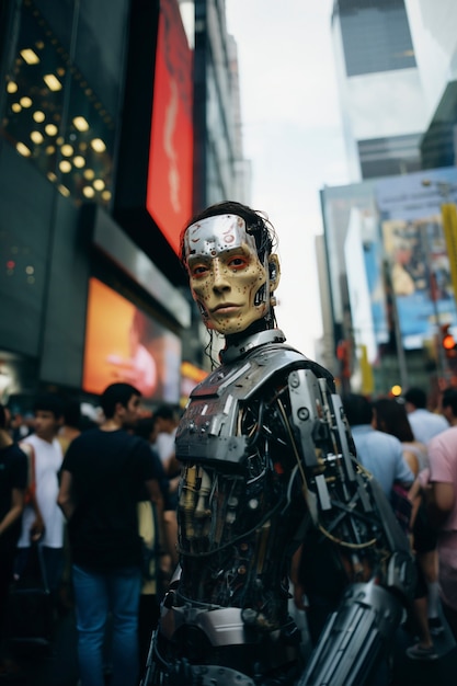 Portrait d'un robot dans une zone urbaine