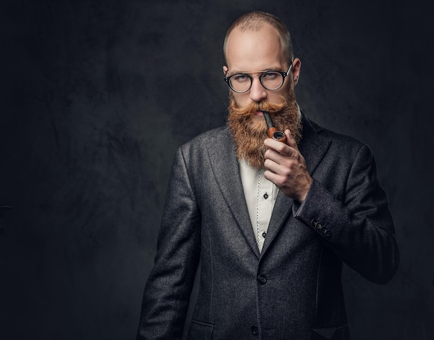 Portrait de rousse barbu mâle anglais pipe sur fond gris.