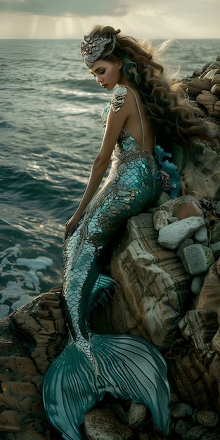 Photo gratuite portrait d'une sirène avec une queue fantastique et une esthétique rêveuse