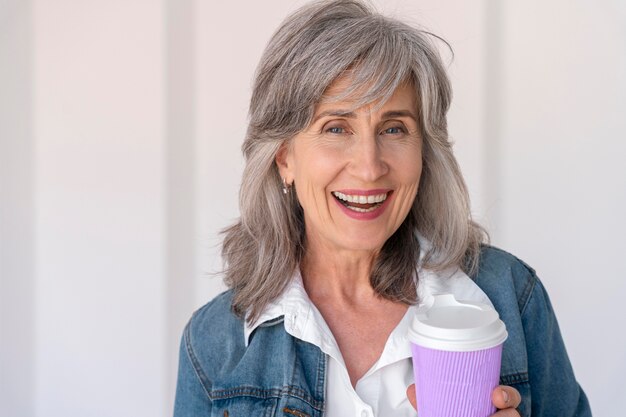 portrait, de, sourire, femme aînée, tenue, tasse