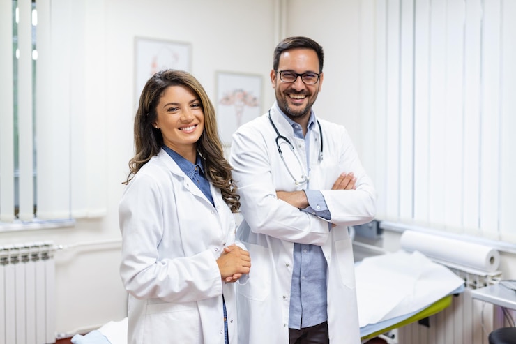 Photo gratuit portrait, de, sourire, jeunes médecins, debout, ensemble, portrait, de, personnel médical, intérieur, moderne, hôpital, sourire, appareil-photo