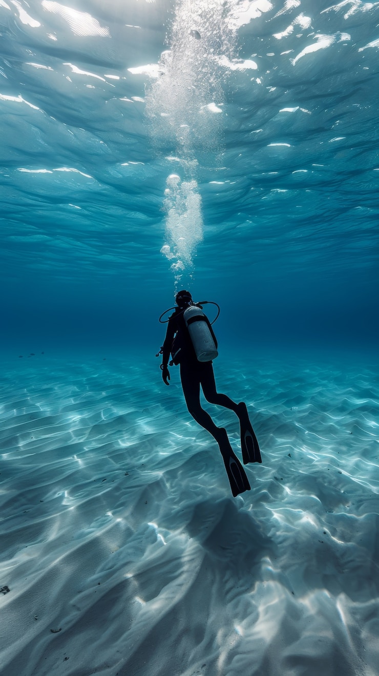 Photo gratuit portrait sous-marin d'un plongeur qui explore le monde marin