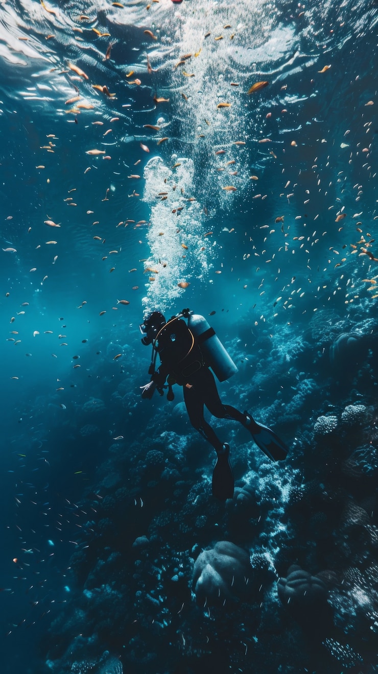 Photo gratuit portrait sous-marin d'un plongeur qui explore le monde marin