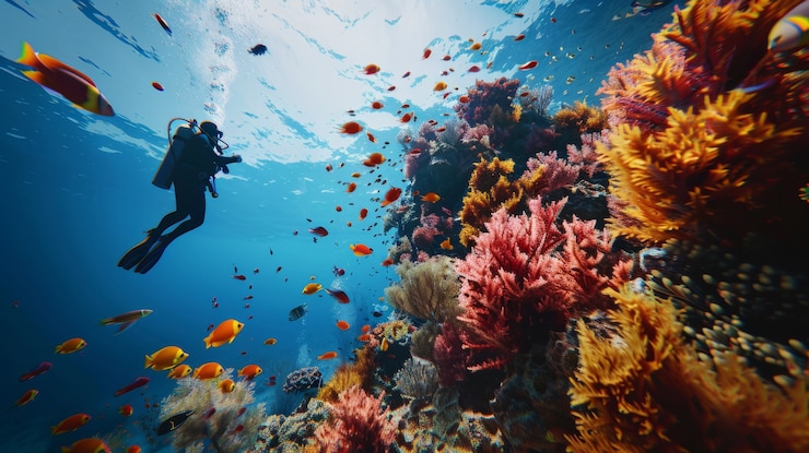 Photo gratuit portrait sous-marin d'un plongeur qui explore le monde marin