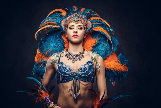 Portrait en studio d'une femme sexy dans un somptueux costume de plumes de carnaval coloré, posant sur un fond sombre.