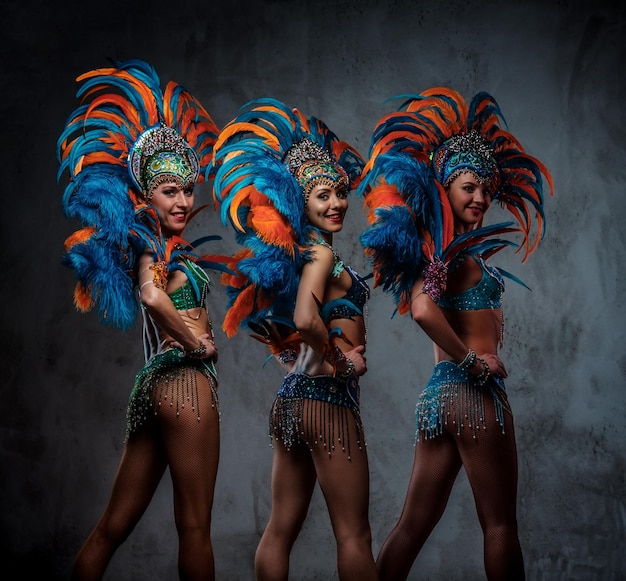 Portrait en studio d'un groupe de danseuses professionnelles en costumes de plumes de carnaval somptueux et colorés. Isolé sur un fond sombre.