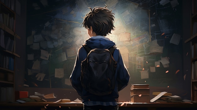 Portrait en style anime d'un jeune étudiant qui va à l'école