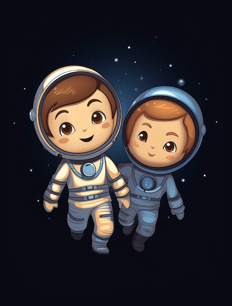 Portrait en style dessin animé de deux enfants astronautes