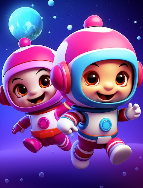 Photo gratuite portrait en style dessin animé de deux enfants astronautes