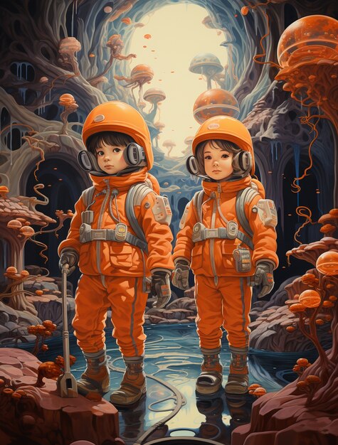 Portrait en style dessin animé de deux enfants astronautes