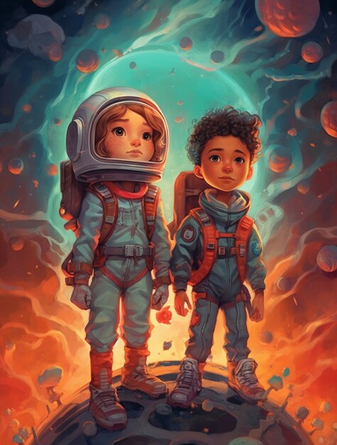 Portrait en style dessin animé de deux enfants astronautes