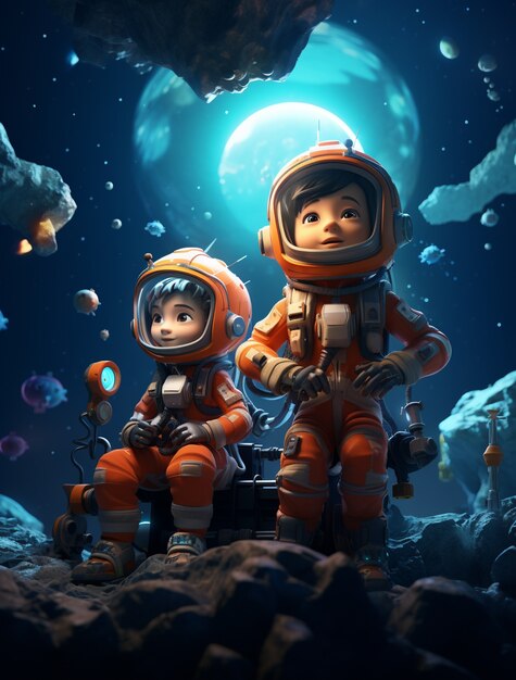 Portrait en style dessin animé de deux enfants astronautes