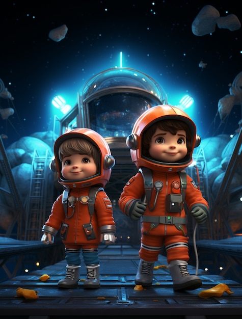 Photo gratuite portrait en style dessin animé de deux enfants astronautes