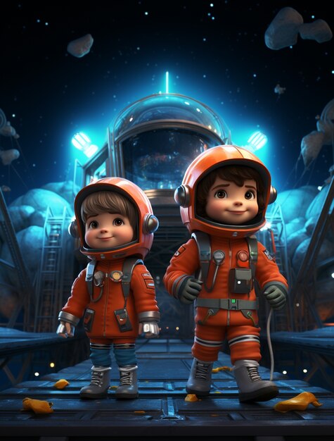 Portrait en style dessin animé de deux enfants astronautes