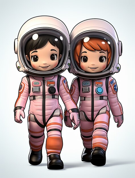 Portrait en style dessin animé de deux enfants astronautes