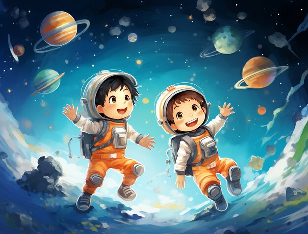 Portrait en style dessin animé de deux enfants astronautes