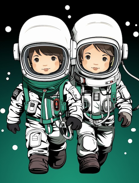 Portrait en style dessin animé de deux enfants astronautes