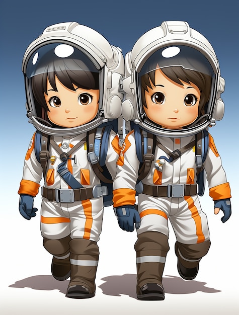 Photo gratuite portrait en style dessin animé de deux enfants astronautes